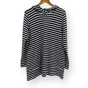 J. Jill Women Pullover Hoodie Sweatshirt Sz M Blue Cotton Striped Pockets Tunic